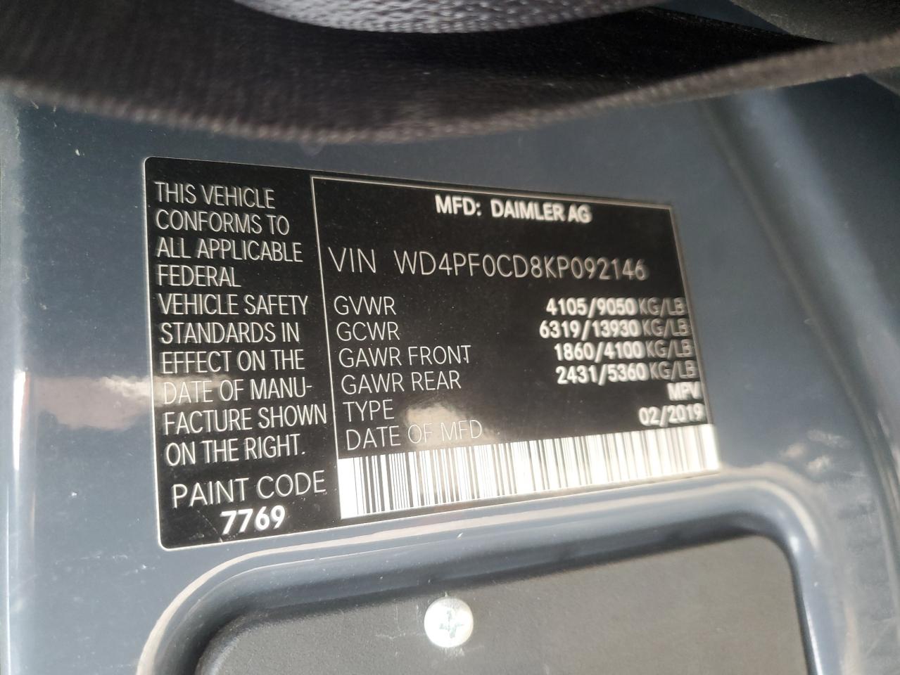 2019 Mercedes-Benz Sprinter 2500/3500 VIN: WD4PF0CD8KP092146 Lot: 74263144