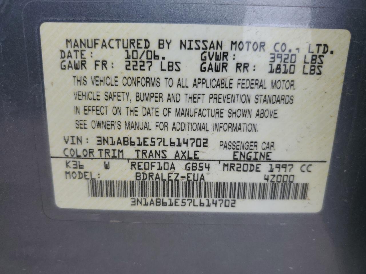 2007 Nissan Sentra 2.0 VIN: 3N1AB61E57L614702 Lot: 56077594