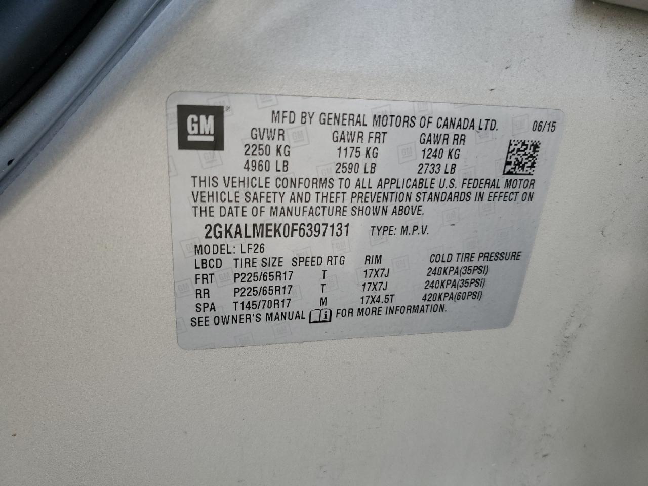 2015 GMC Terrain Sle VIN: 2GKALMEK0F6397131 Lot: 57938764