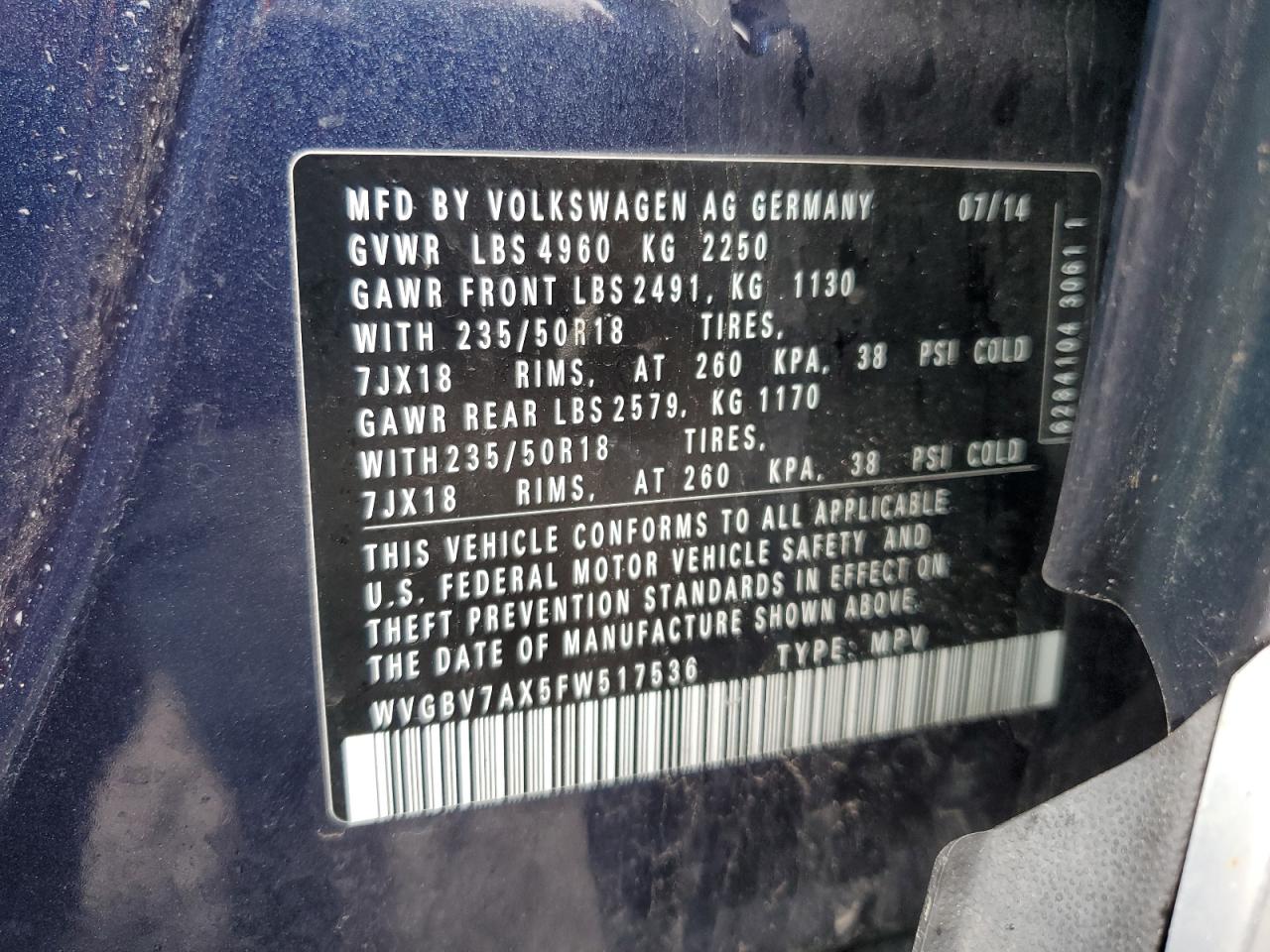 WVGBV7AX5FW517536 2015 Volkswagen Tiguan S