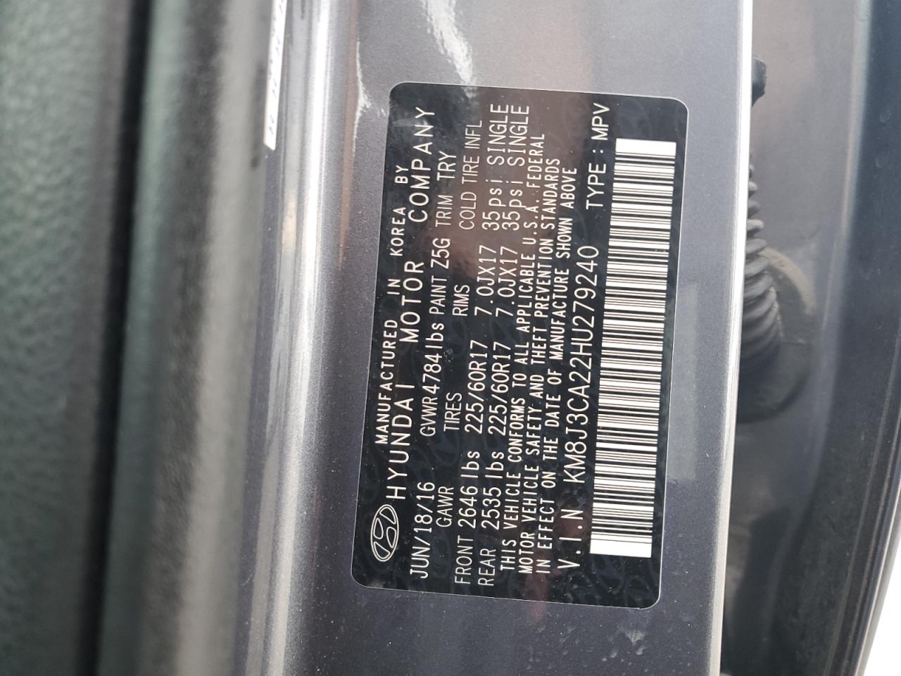2017 Hyundai Tucson Limited VIN: KM8J3CA22HU279240 Lot: 54413804
