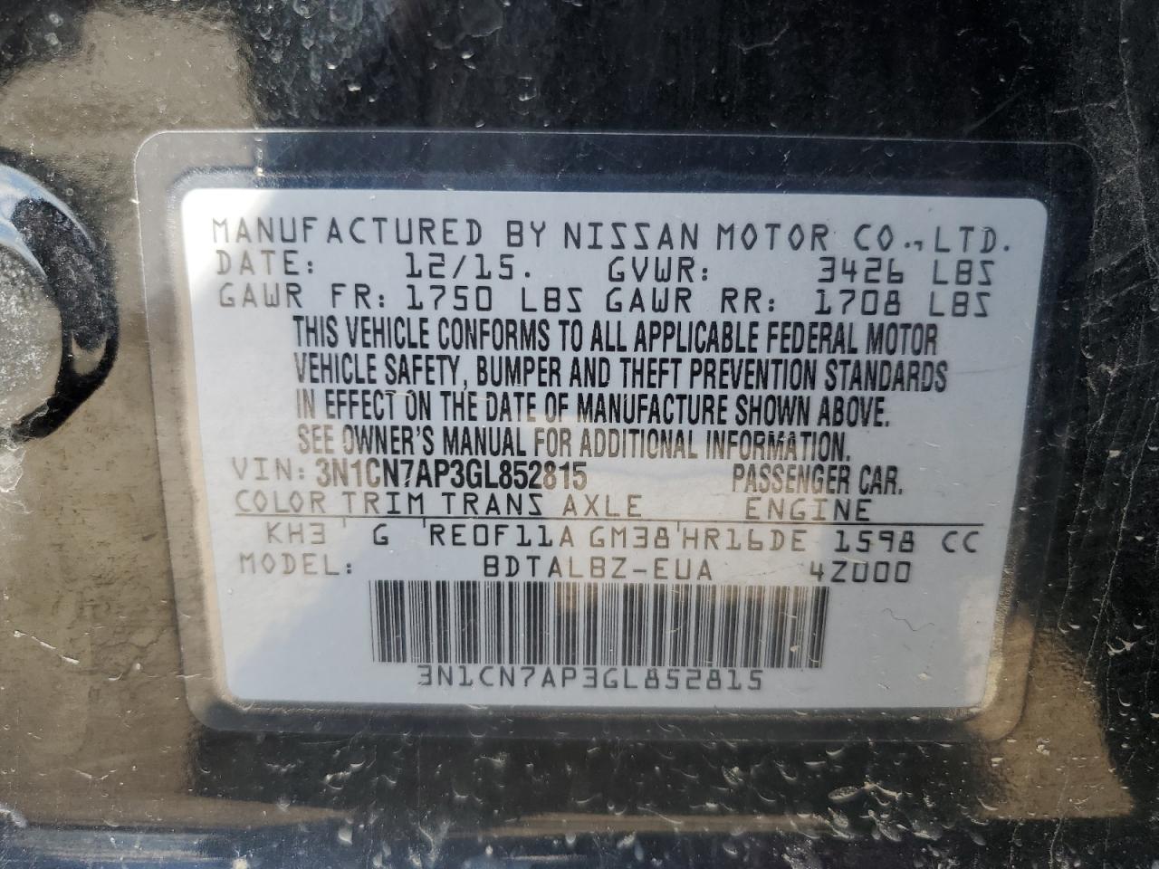 2016 Nissan Versa S VIN: 3N1CN7AP3GL852815 Lot: 56714924