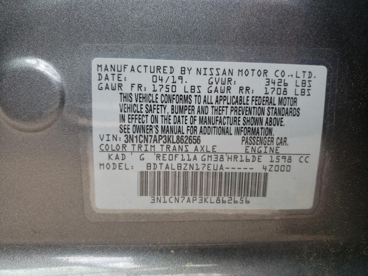 3N1CN7AP3KL862656 2019 Nissan Versa S