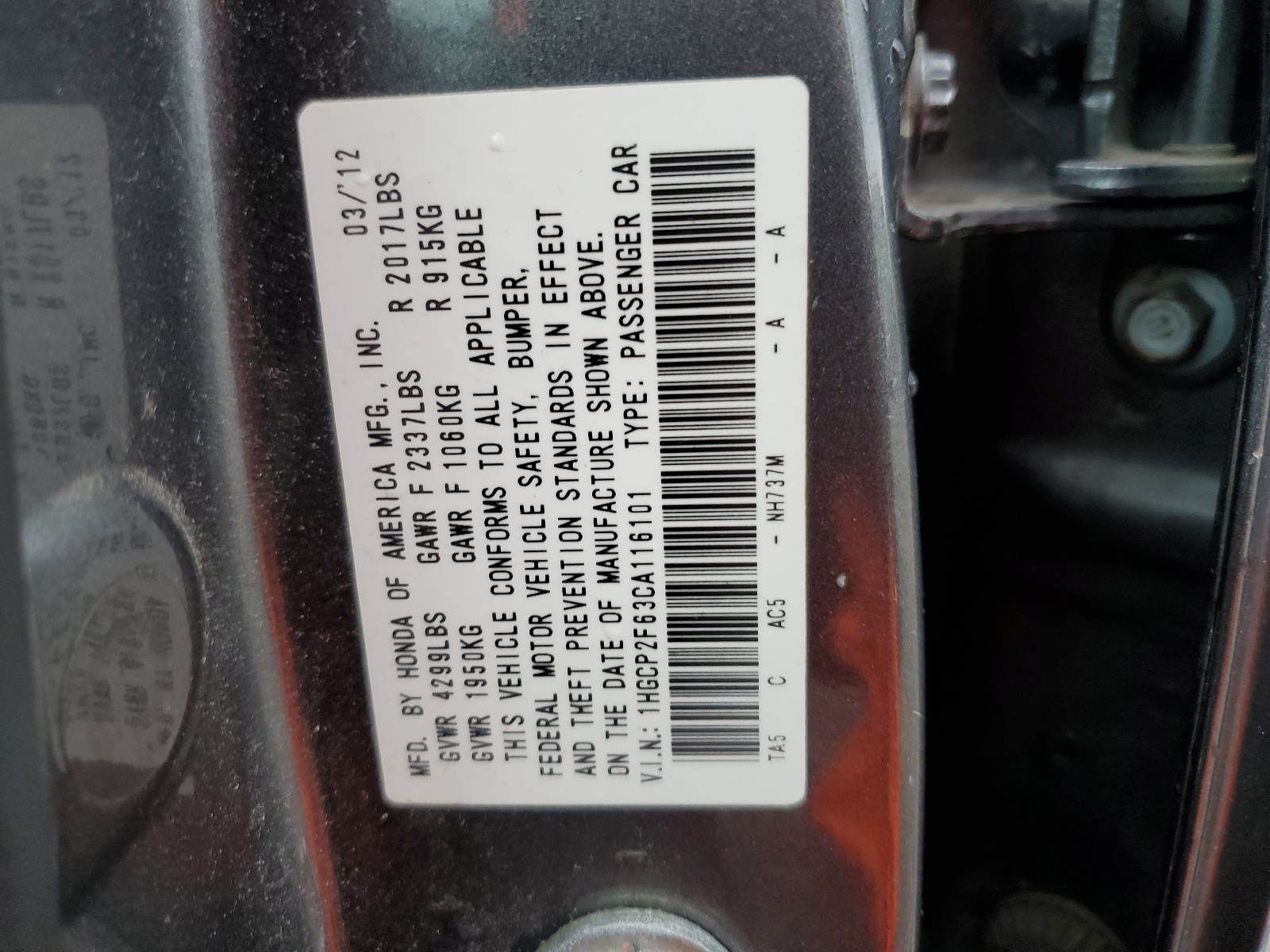 1HGCP2F63CA116101 2012 Honda Accord Se