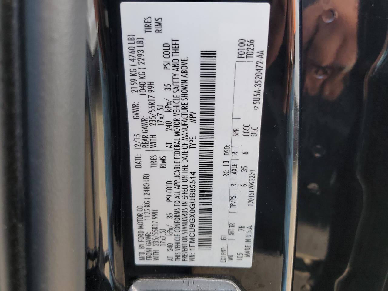 2016 Ford Escape Se VIN: 1FMCU9GX0GUB85514 Lot: 54725084