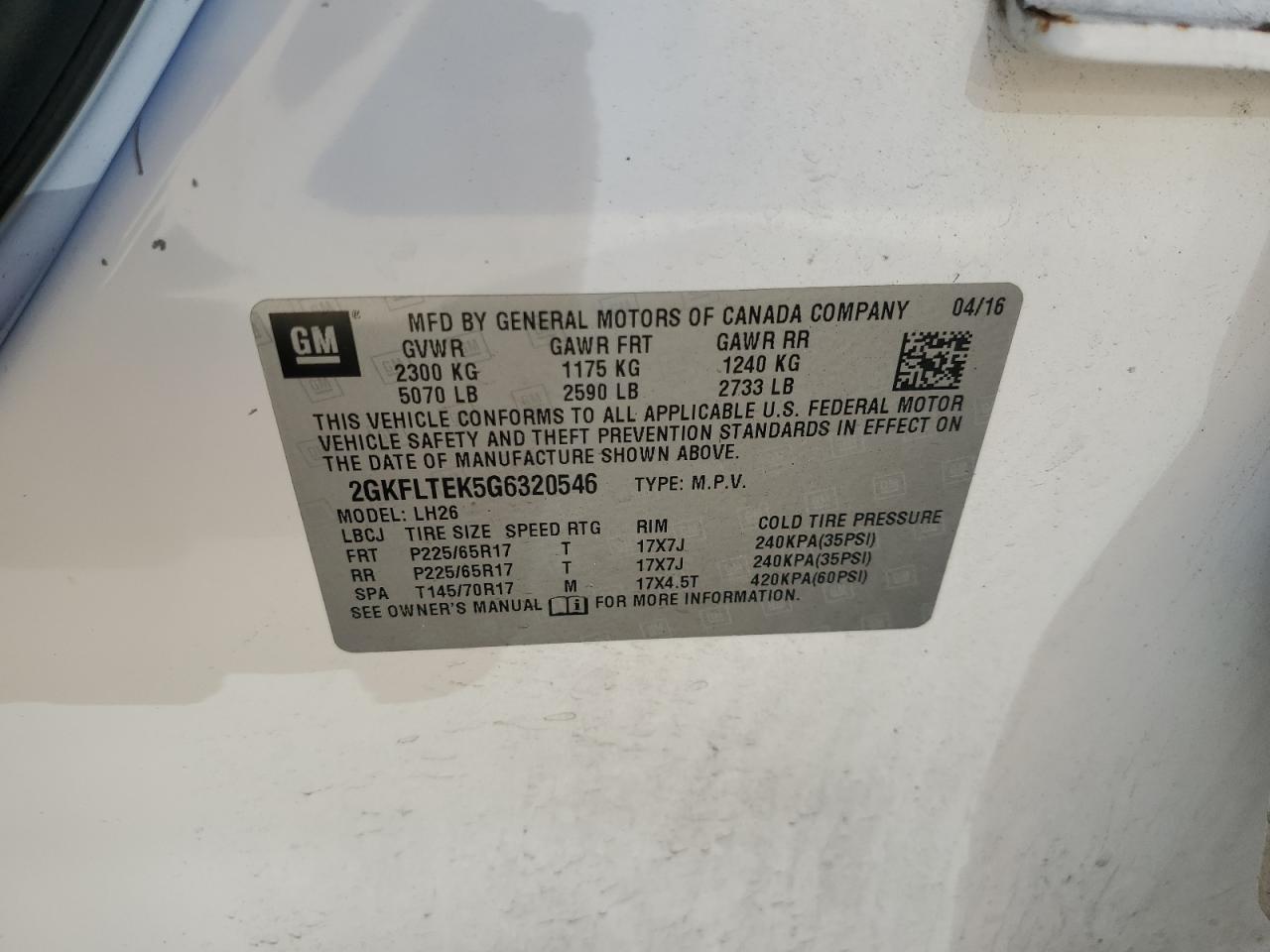 2016 GMC Terrain Sle VIN: 2GKFLTEK5G6320546 Lot: 53808724