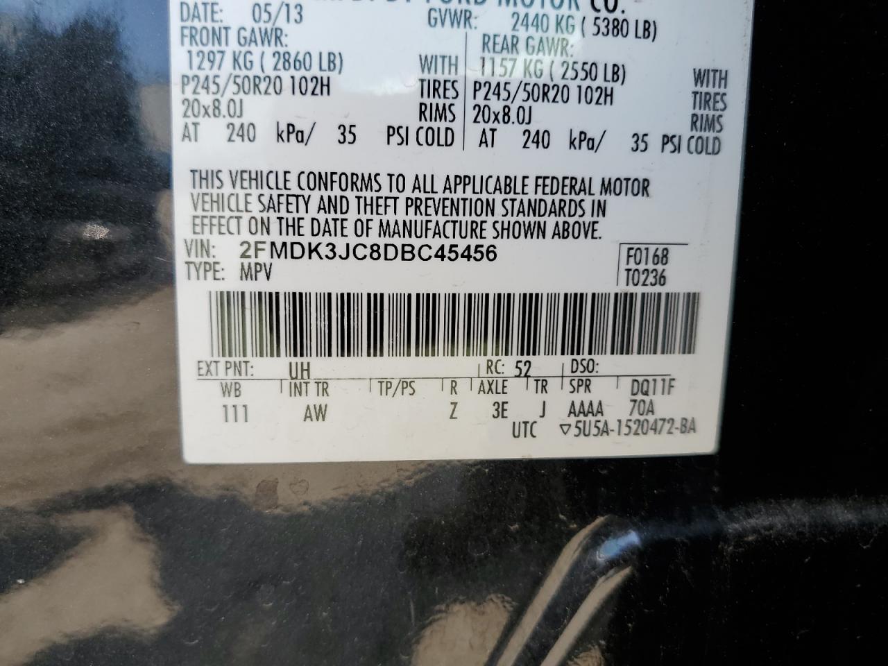 2013 Ford Edge Sel VIN: 2FMDK3JC8DBC45456 Lot: 54008654