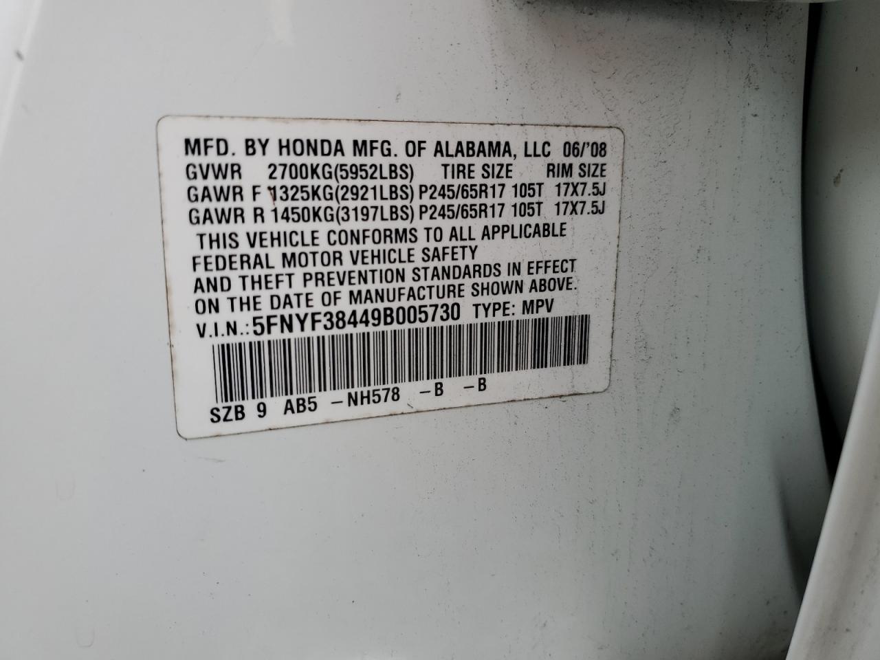 2009 Honda Pilot Ex VIN: 5FNYF38449B005730 Lot: 55541544