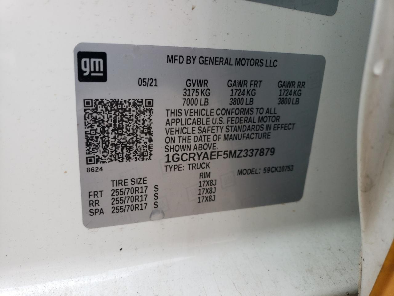 2021 Chevrolet Silverado K1500 VIN: 1GCRYAEF5MZ337879 Lot: 53938824