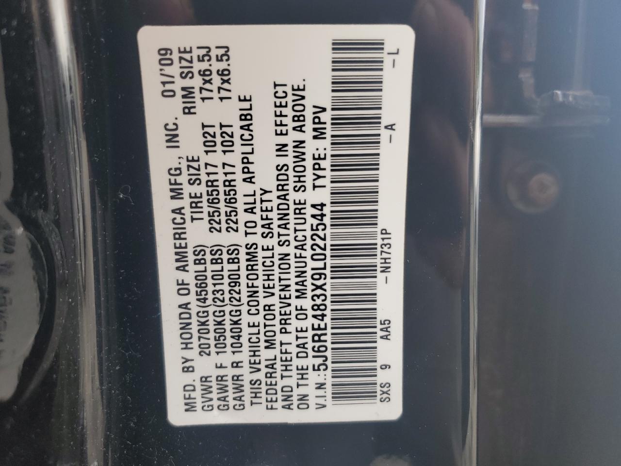 2009 Honda Cr-V Lx VIN: 5J6RE483X9L022544 Lot: 56204164