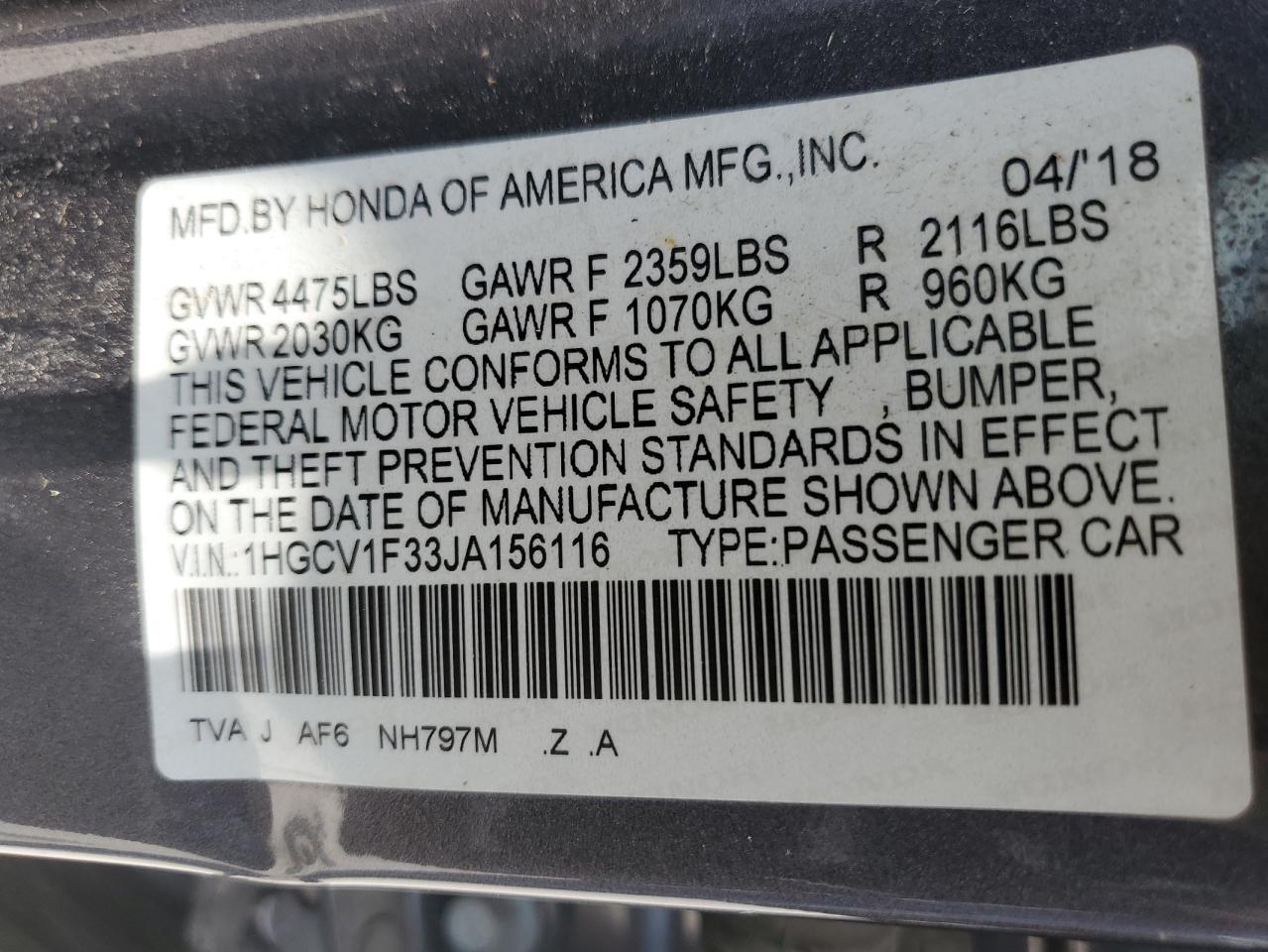 1HGCV1F33JA156116 2018 HONDA ACCORD - Image 12