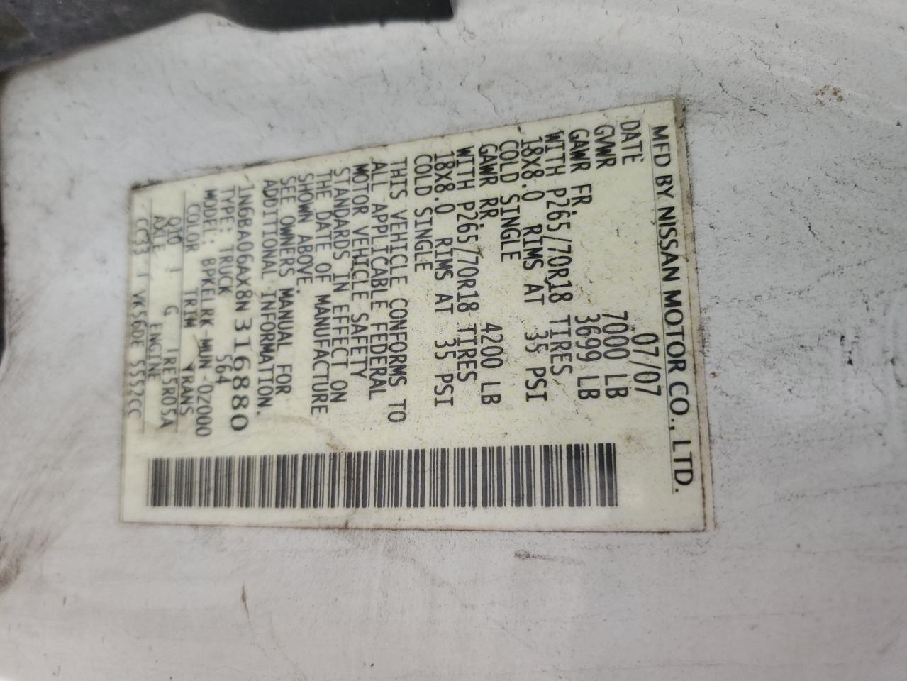 2008 Nissan Titan Xe VIN: 1N6BA06AX8N316880 Lot: 55723554