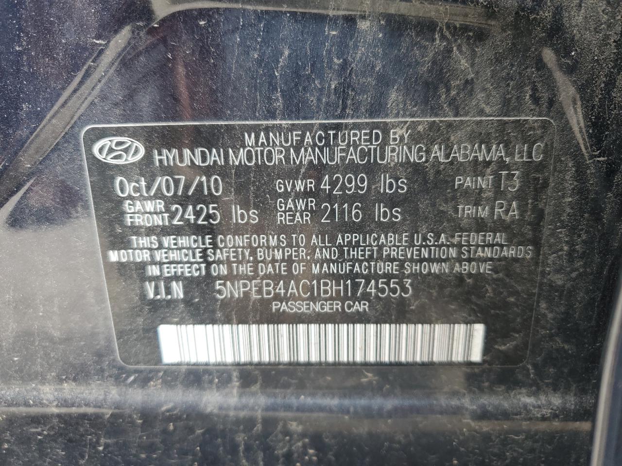 5NPEB4AC1BH174553 2011 Hyundai Sonata Gls