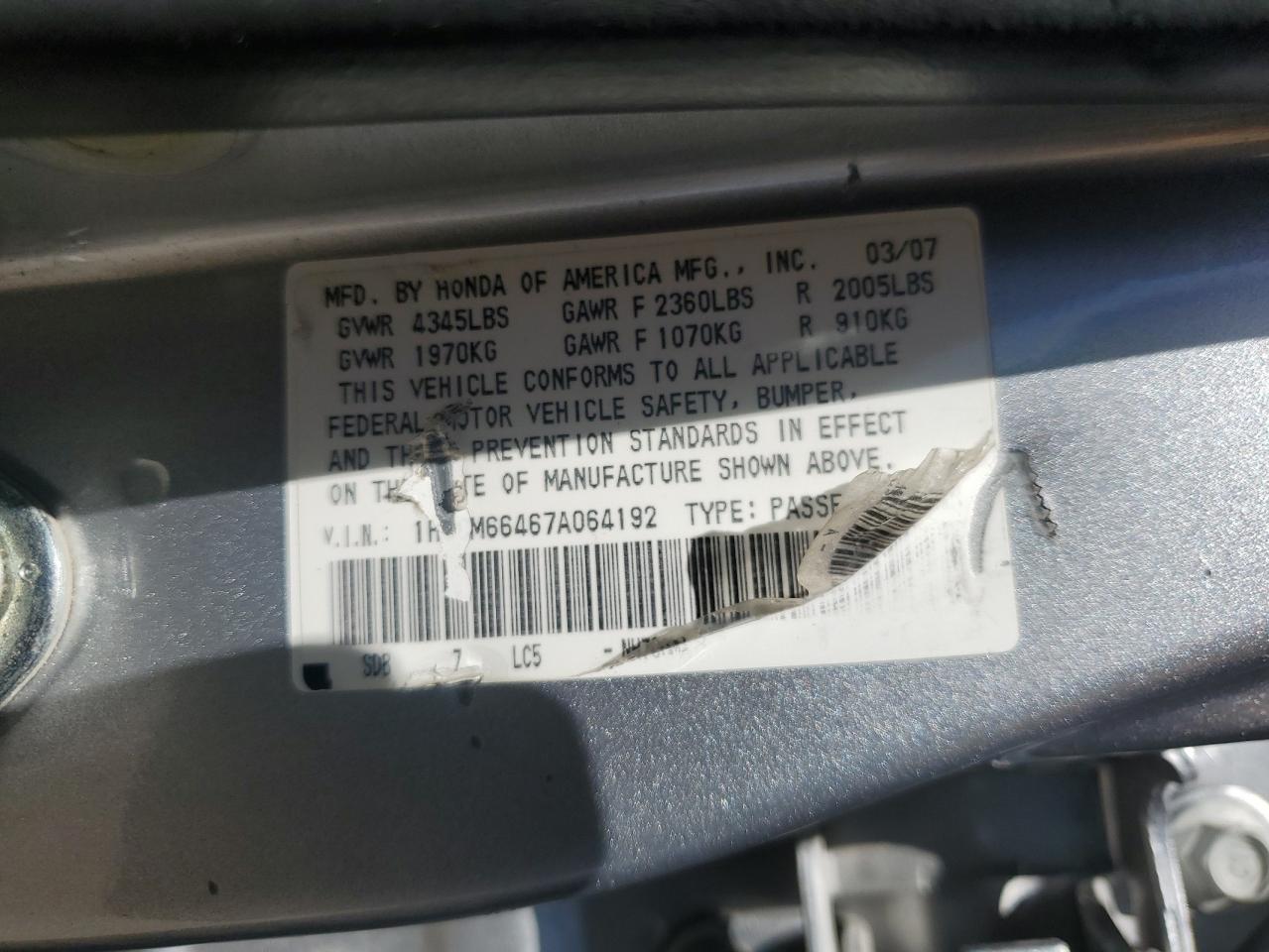 1HGCM66467A064192 2007 Honda Accord Se