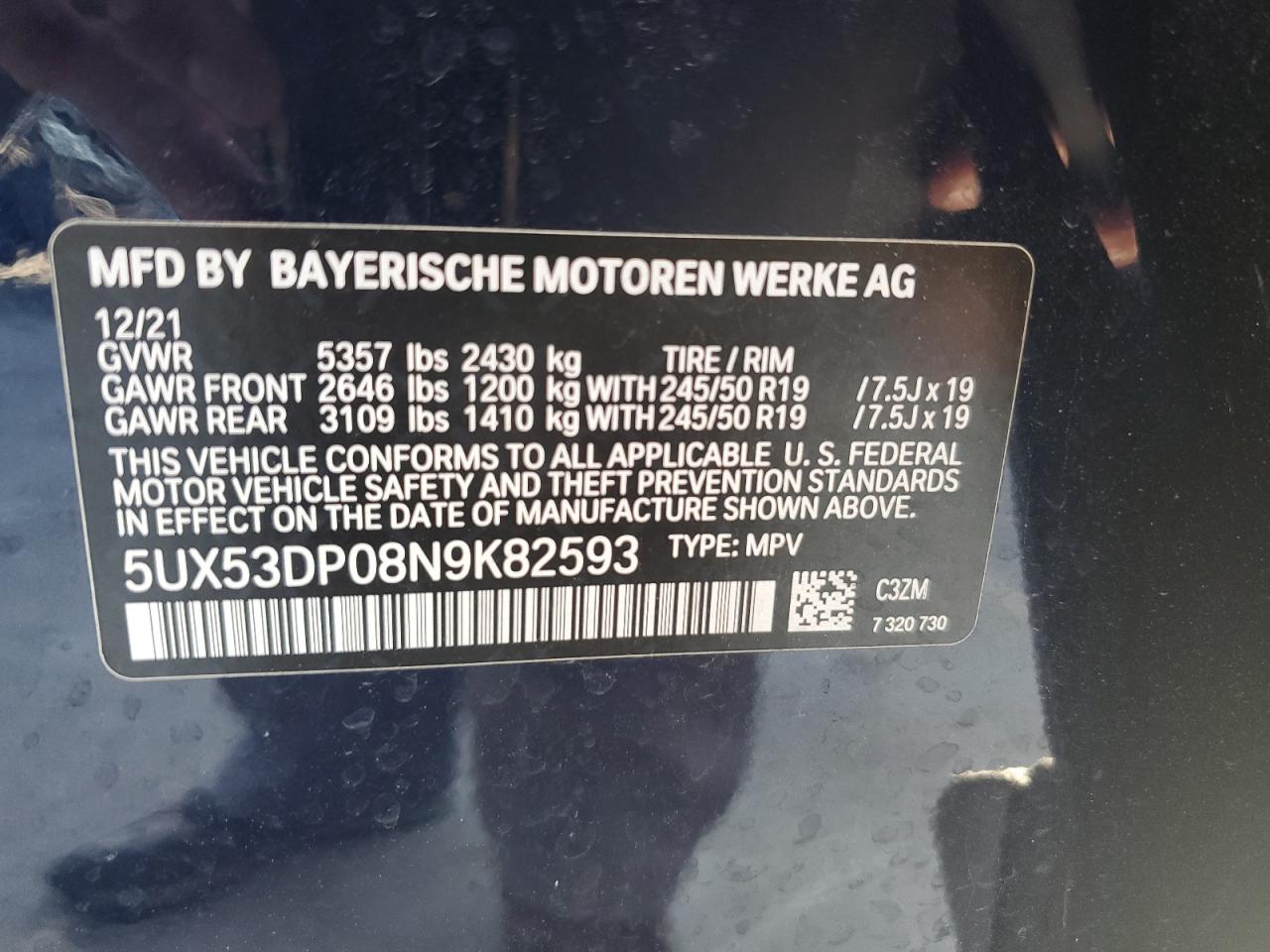 2022 BMW X3 xDrive30I VIN: 5UX53DP08N9K82593 Lot: 57016164