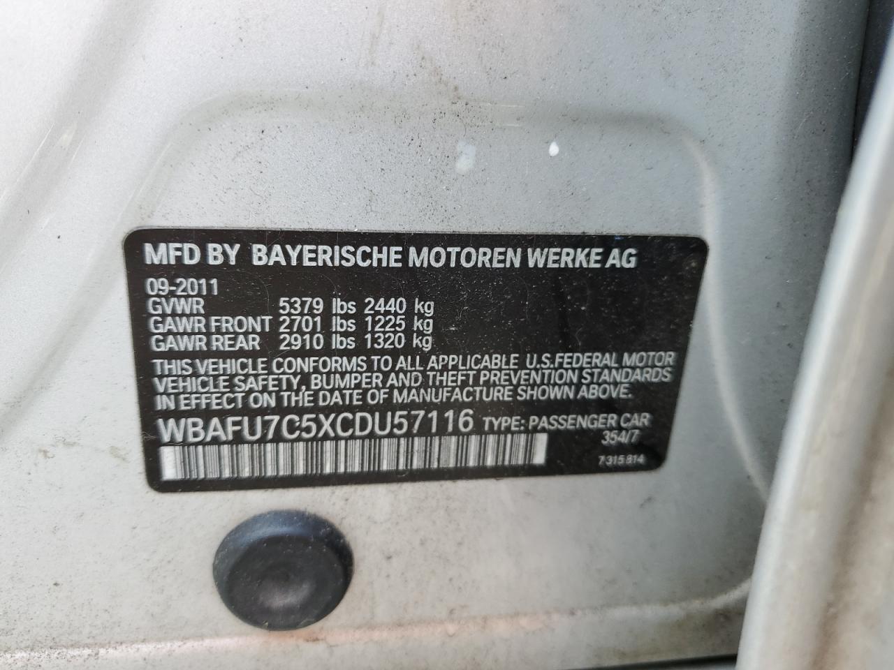 2012 BMW 535 Xi VIN: WBAFU7C5XCDU57116 Lot: 54850914