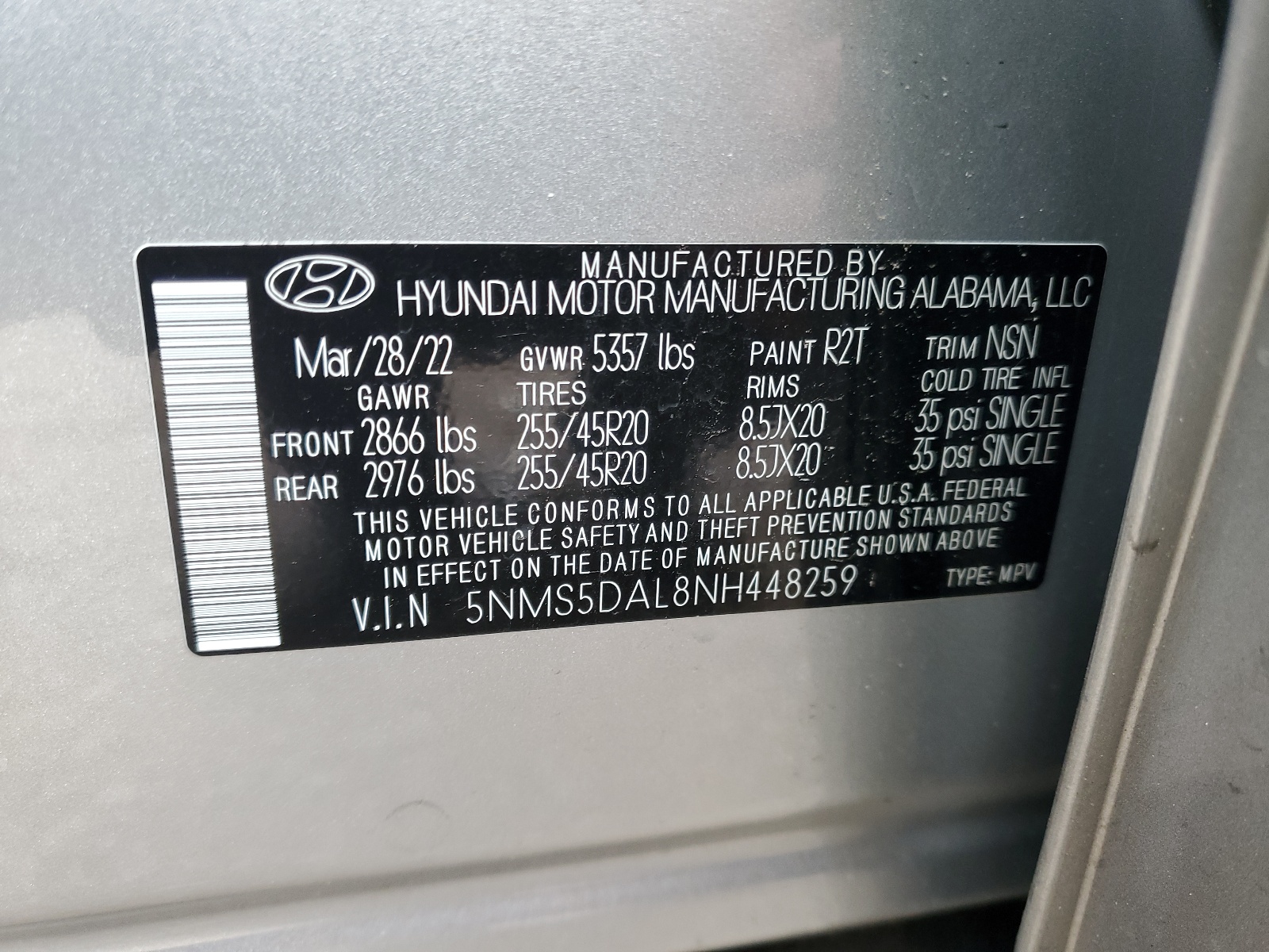 5NMS5DAL8NH448259 2022 Hyundai Santa Fe Calligraphy