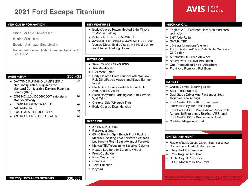 1FMCU9J96MUA71121 2021 Ford Escape Titanium