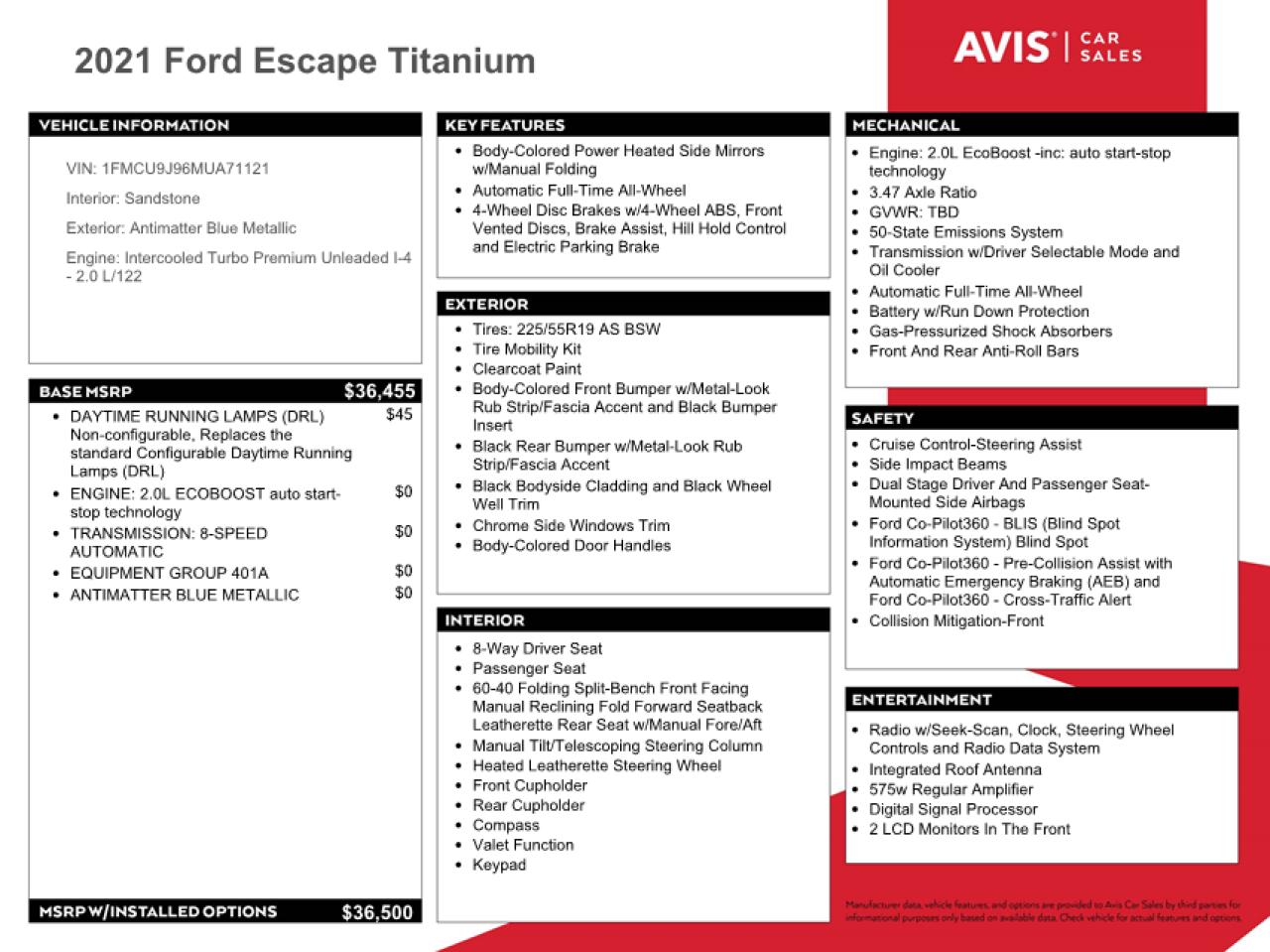 2021 Ford Escape Titanium VIN: 1FMCU9J96MUA71121 Lot: 54418294