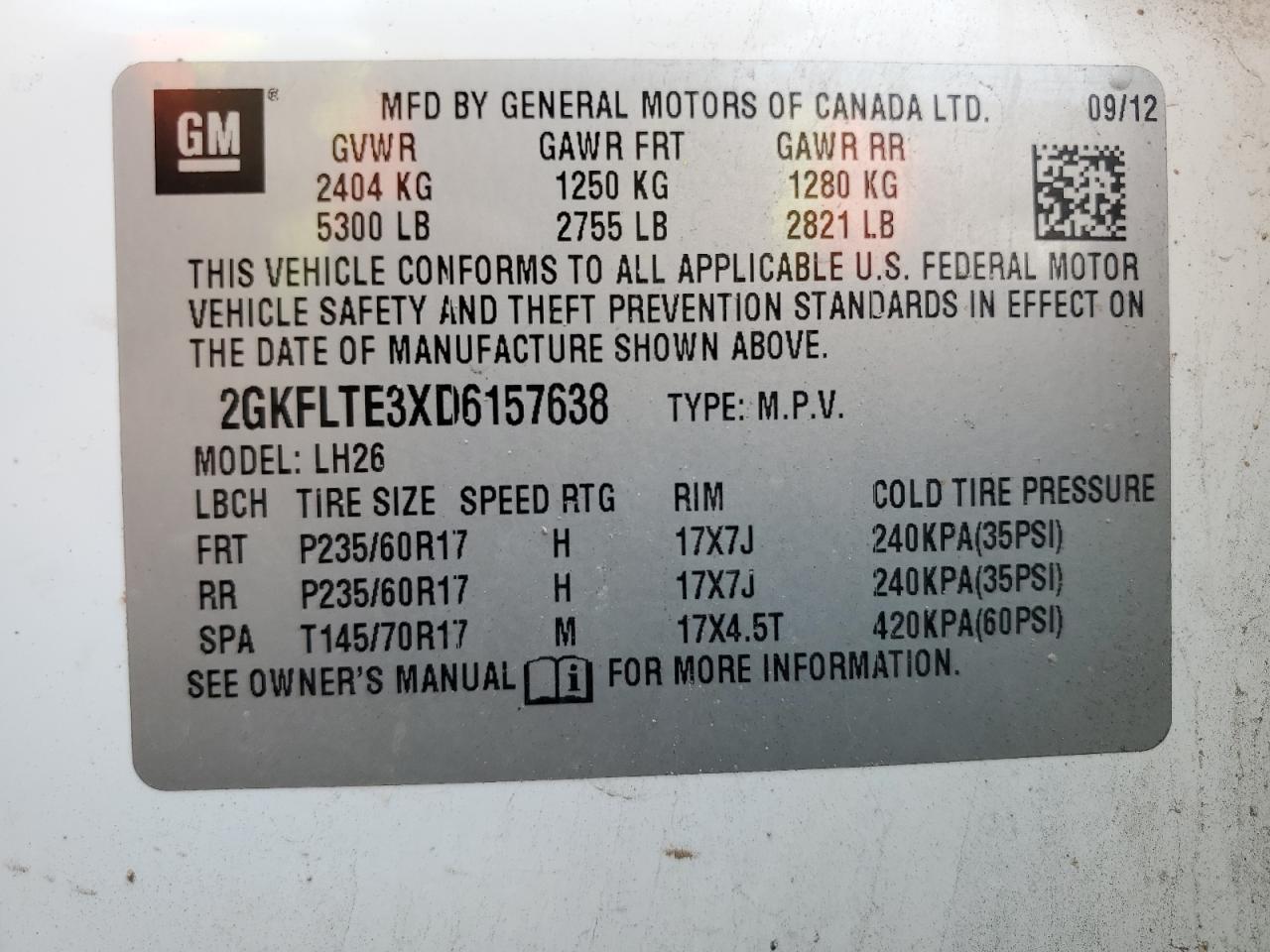 2013 GMC Terrain Sle VIN: 2GKFLTE3XD6157638 Lot: 55354584