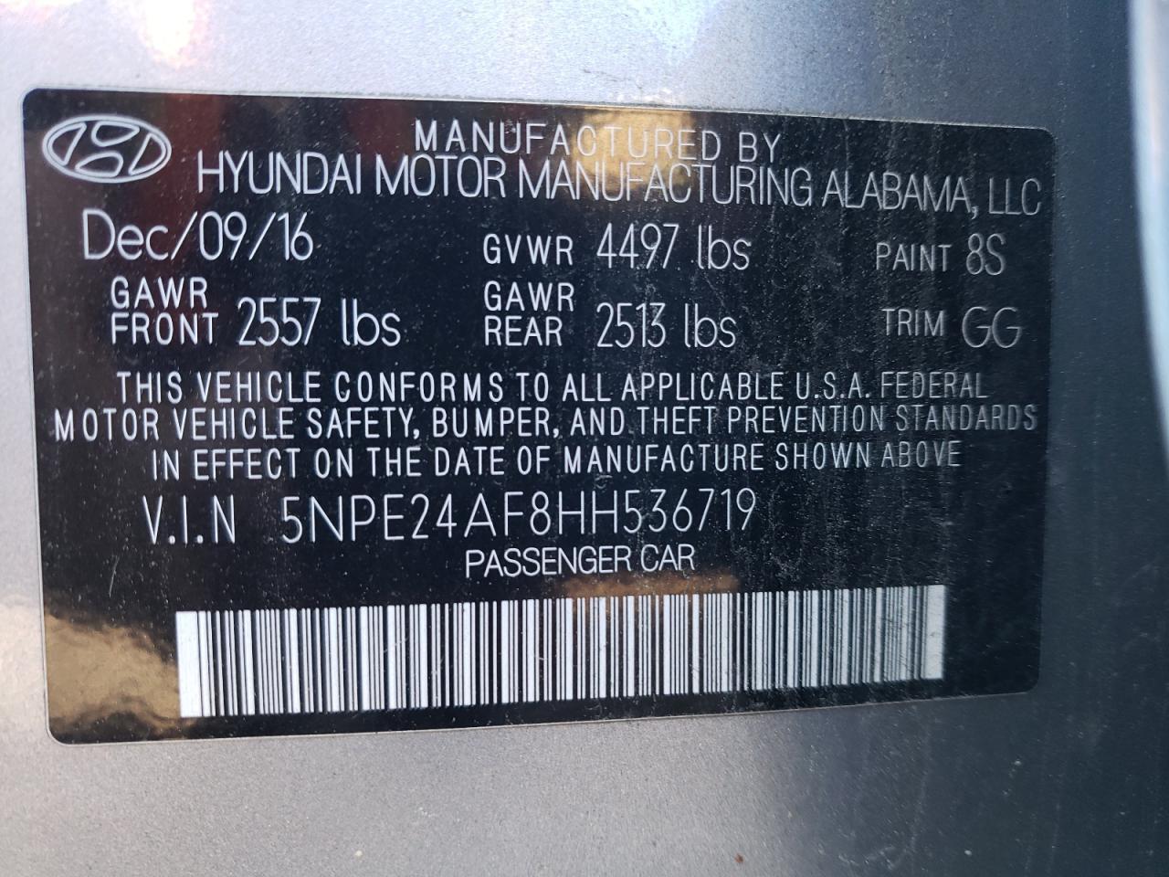 2017 Hyundai Sonata Se VIN: 5NPE24AF8HH536719 Lot: 56511774