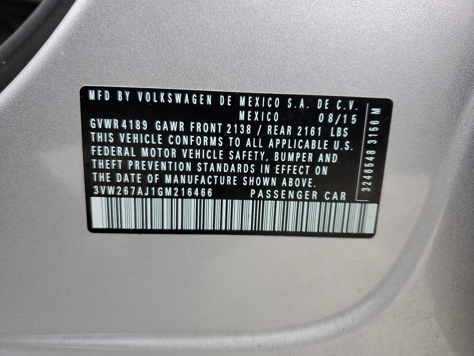 3VW267AJ1GM216466 2016 Volkswagen Jetta S