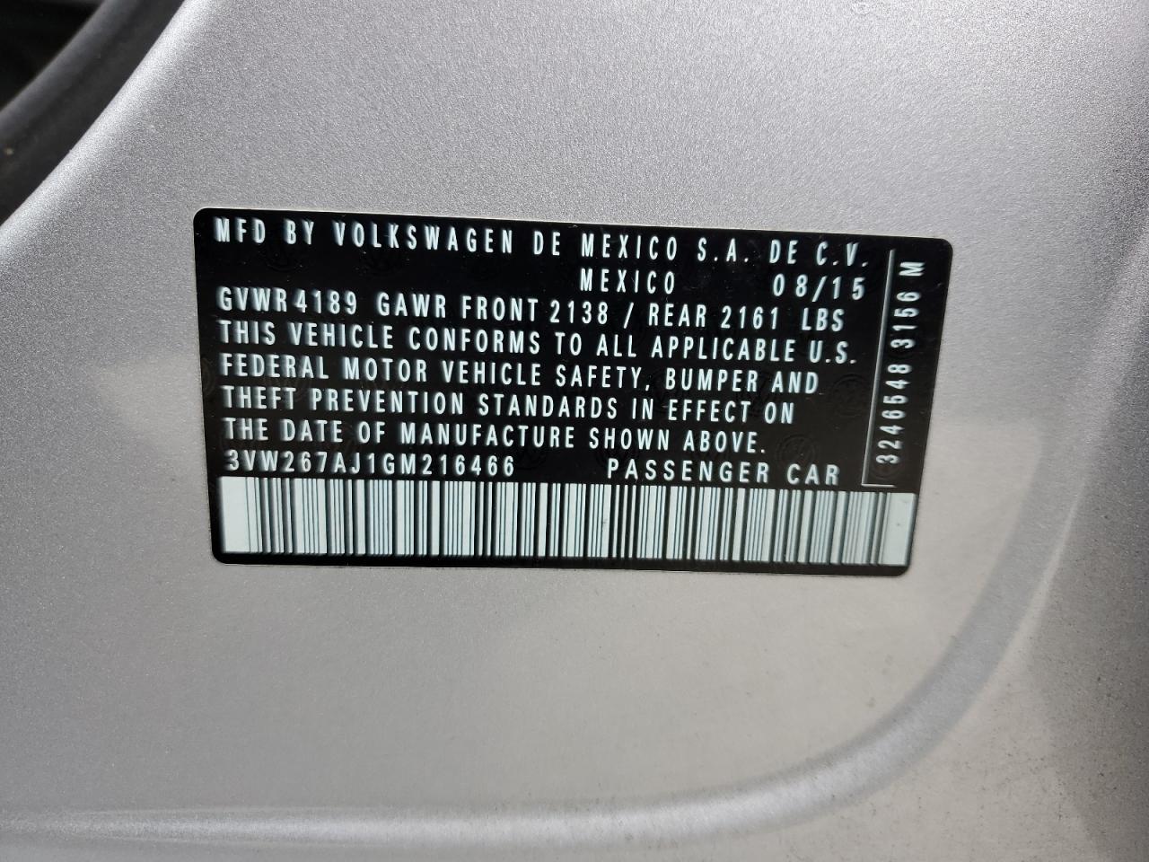 2016 Volkswagen Jetta S VIN: 3VW267AJ1GM216466 Lot: 54452414