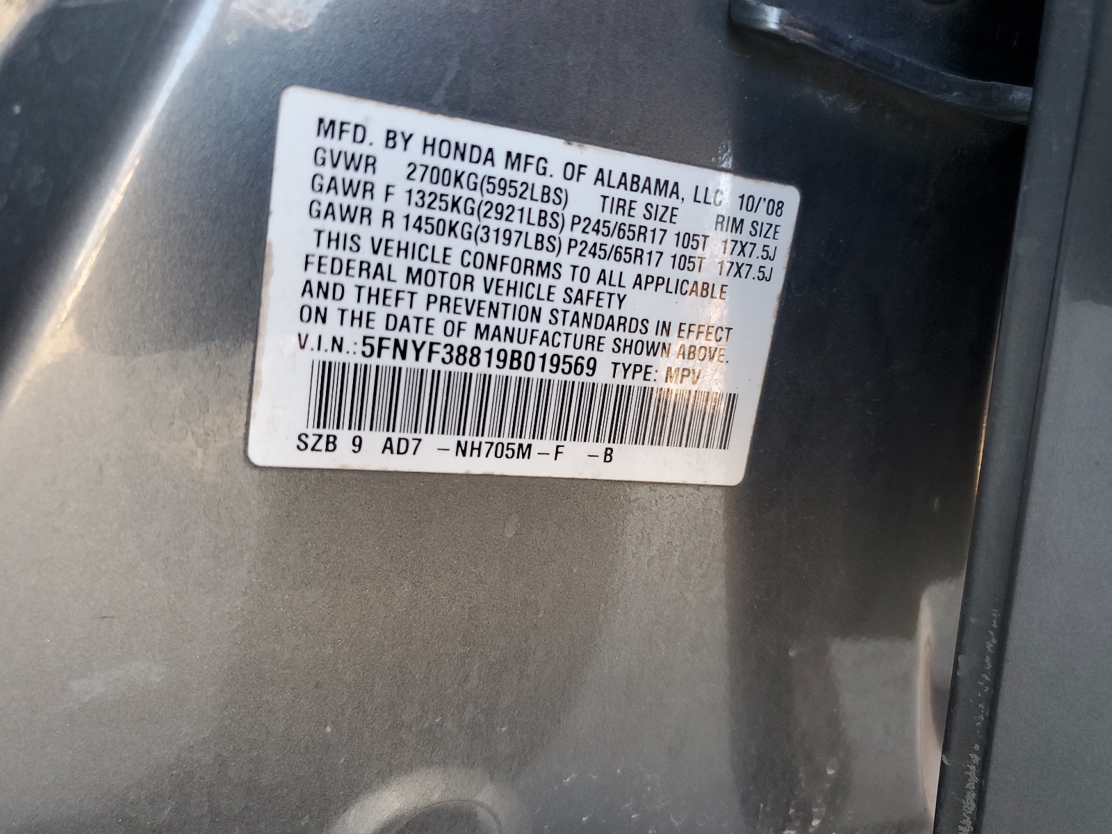 5FNYF38819B019569 2009 Honda Pilot Touring