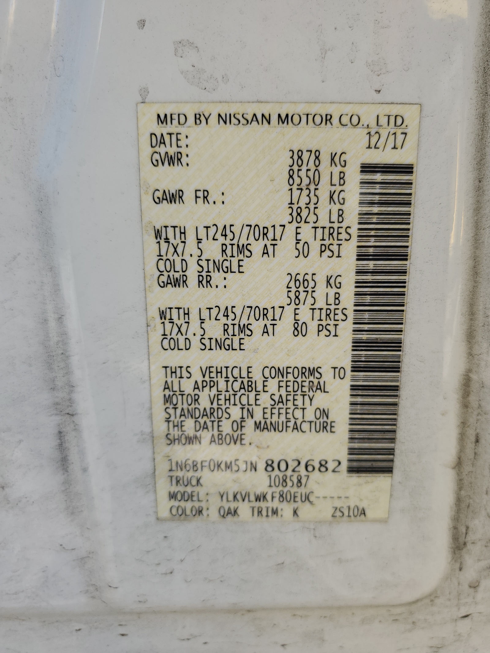 1N6BF0KM5JN802682 2018 Nissan Nv 1500 S