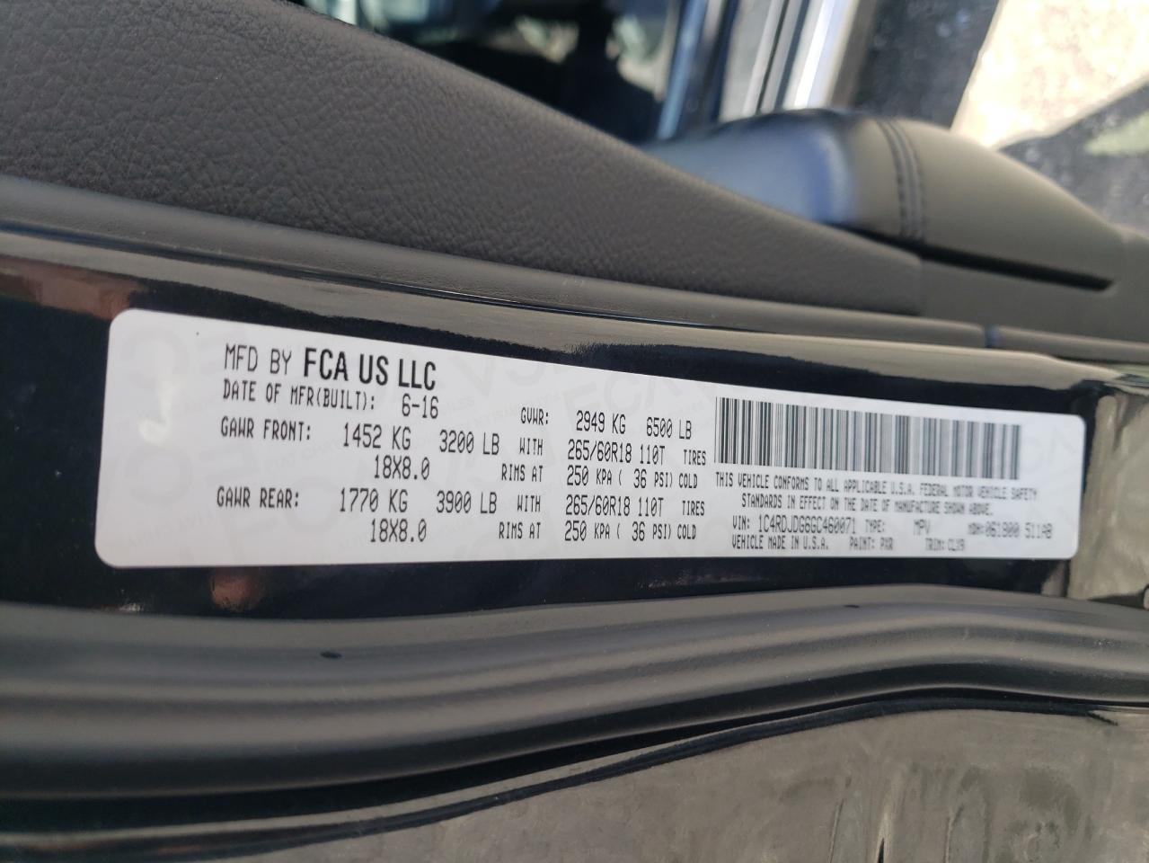 2016 Dodge Durango Limited VIN: 1C4RDJDG6GC460071 Lot: 55644444