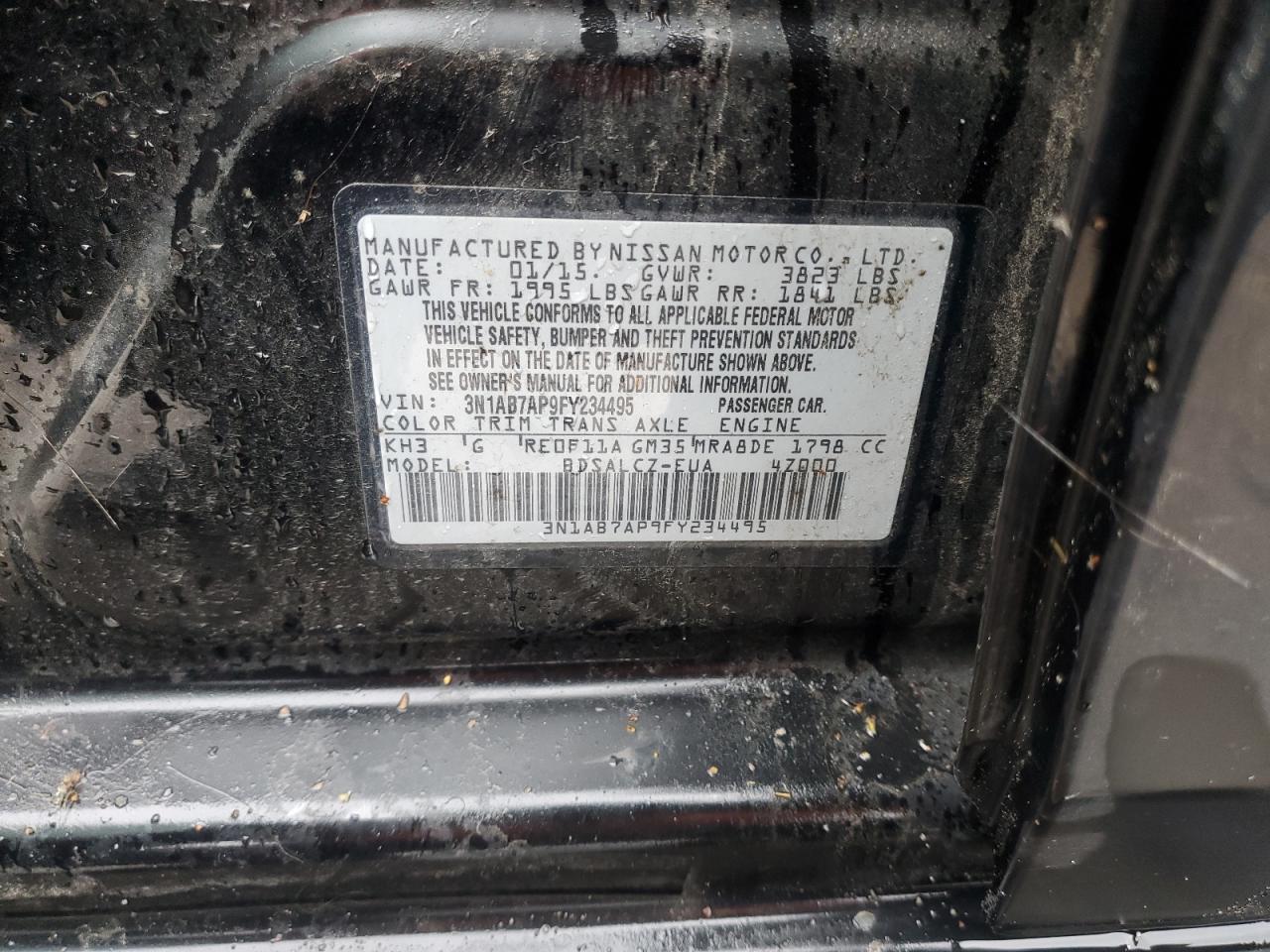 2015 Nissan Sentra S VIN: 3N1AB7AP9FY234495 Lot: 54965444