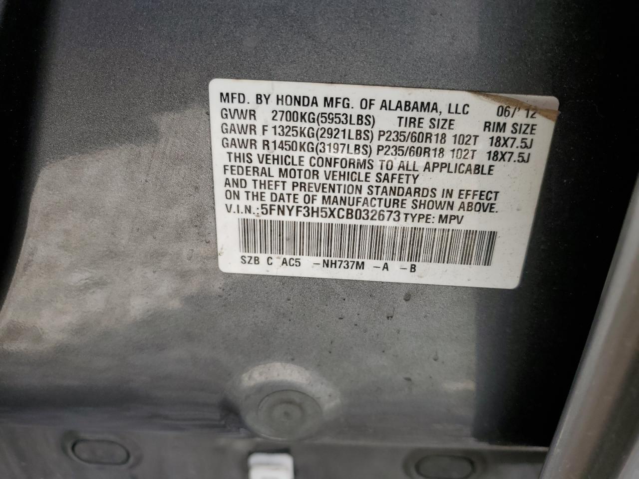 2012 Honda Pilot Exl VIN: 5FNYF3H5XCB032673 Lot: 56907974