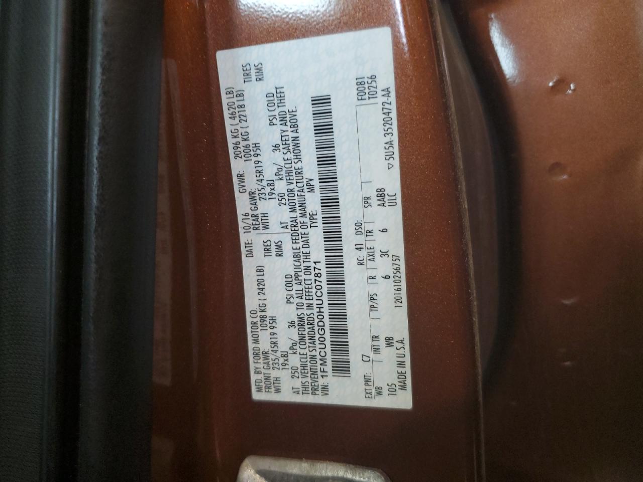 2017 Ford Escape Se VIN: 1FMCU0GD0HUC07871 Lot: 56495544