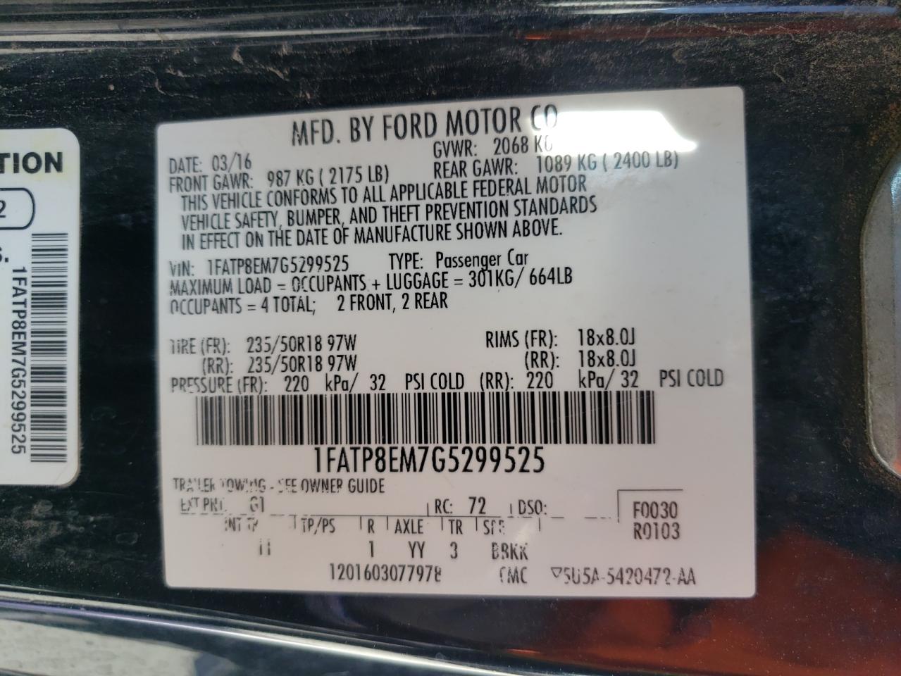 2016 Ford Mustang VIN: 1FATP8EM7G5299525 Lot: 54274074