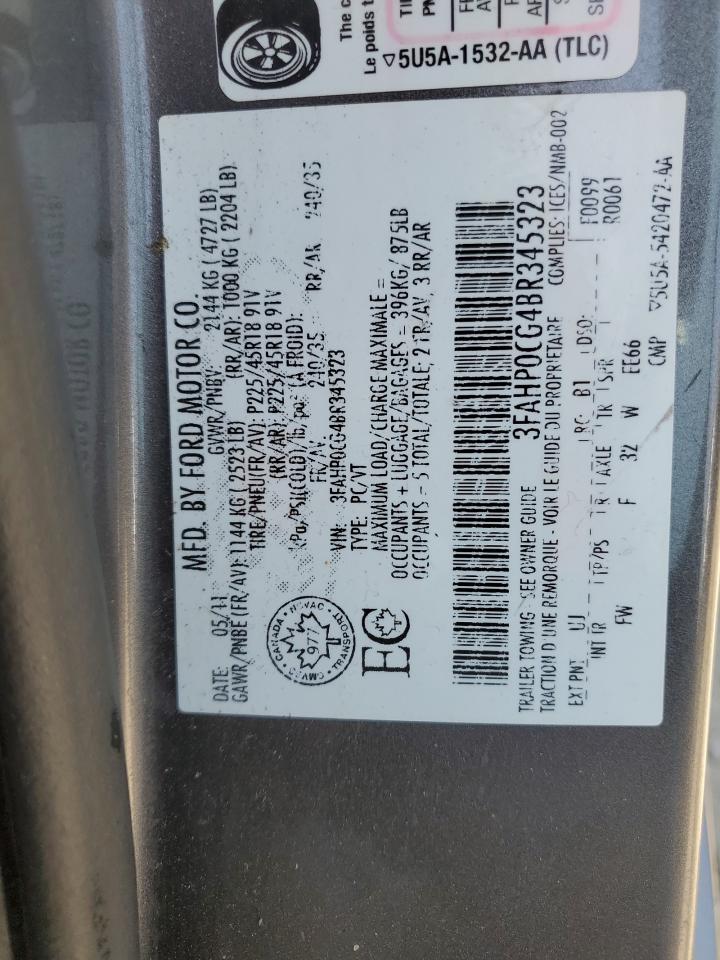 2011 Ford Fusion Sel VIN: 3FAHP0CG4BR345323 Lot: 55040494