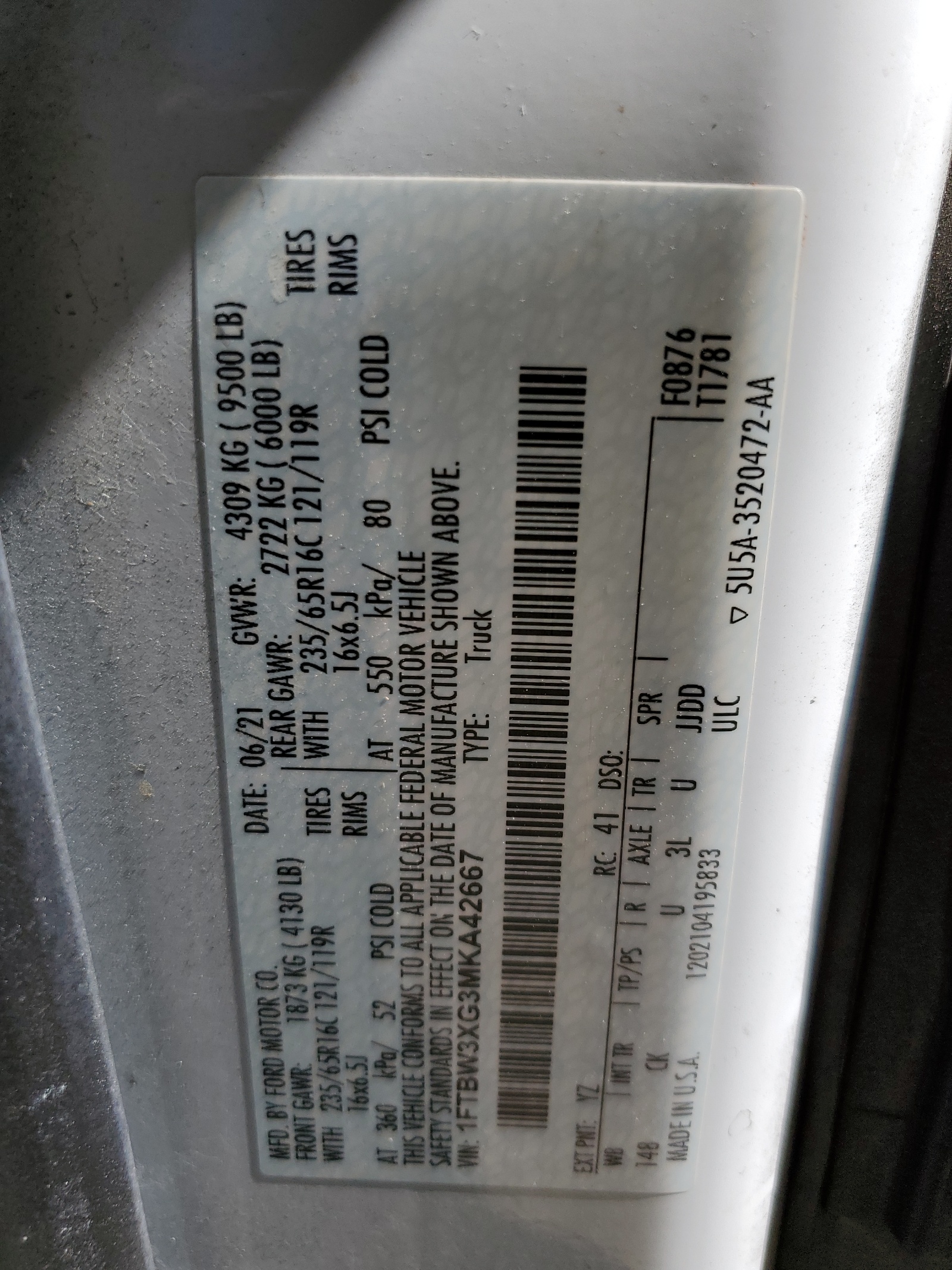 1FTBW3XG3MKA42667 2021 Ford Transit T-350