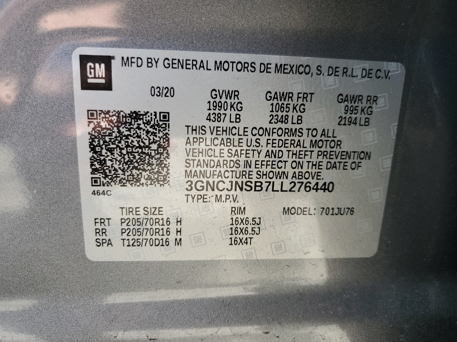 3GNCJNSB7LL276440 2020 Chevrolet Trax Ls