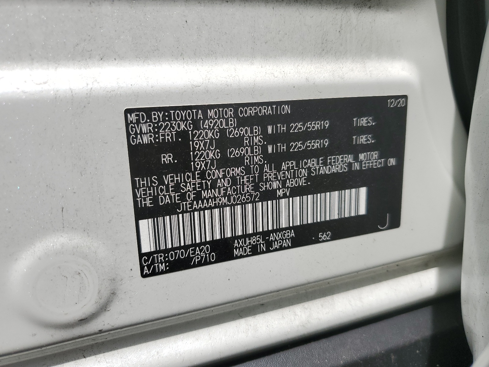 JTEAAAAH9MJ026572 2021 Toyota Venza Le