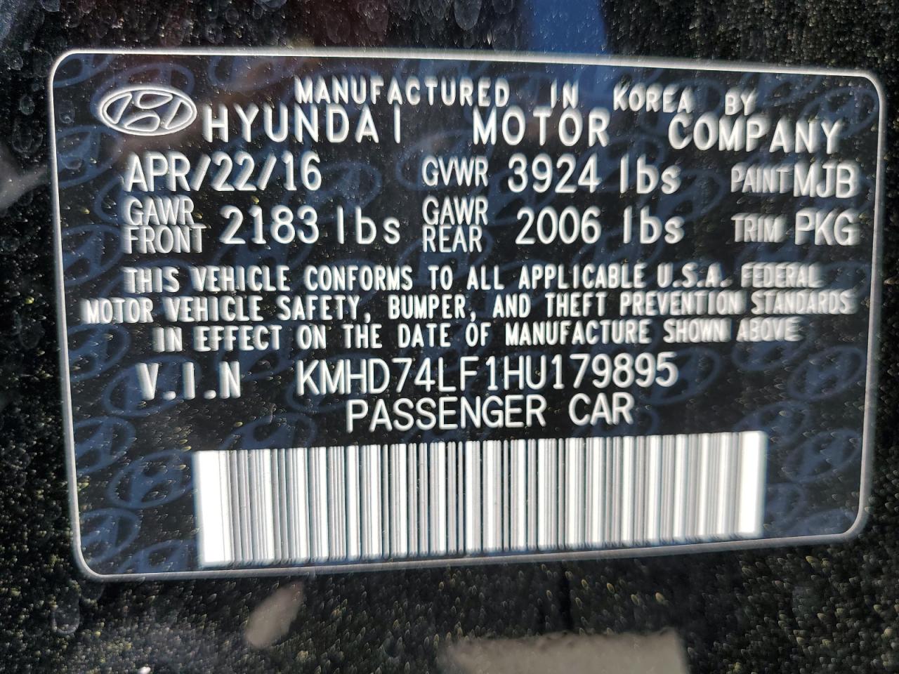 2017 Hyundai Elantra Se VIN: KMHD74LF1HU179895 Lot: 55706914