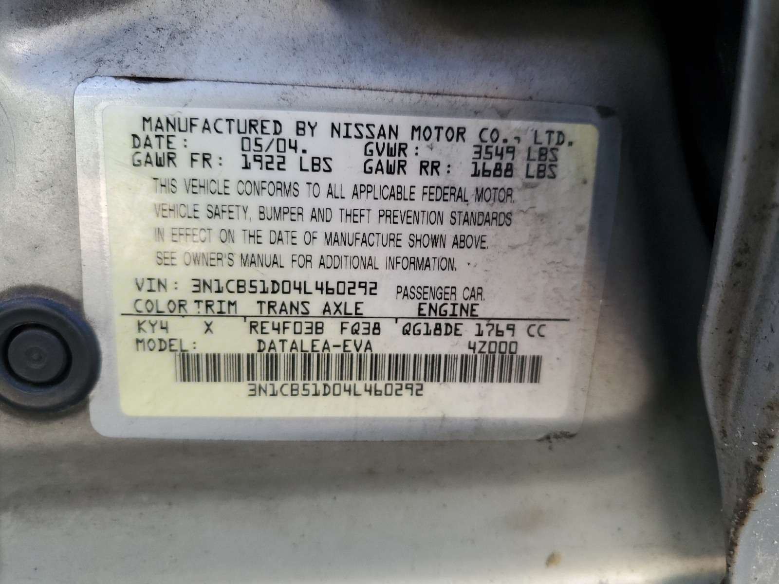 3N1CB51D04L460292 2004 Nissan Sentra 1.8