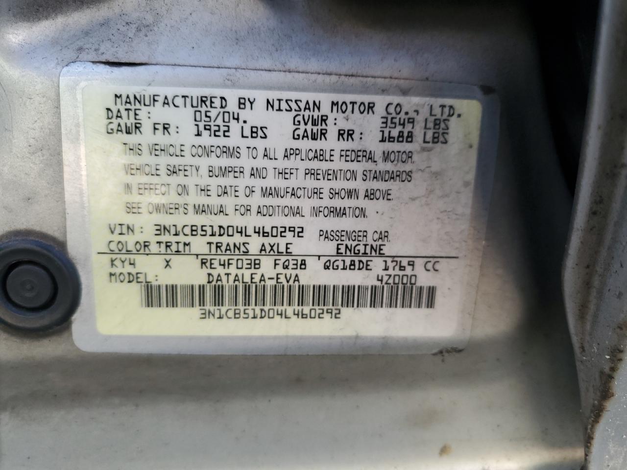 2004 Nissan Sentra 1.8 VIN: 3N1CB51D04L460292 Lot: 57012094