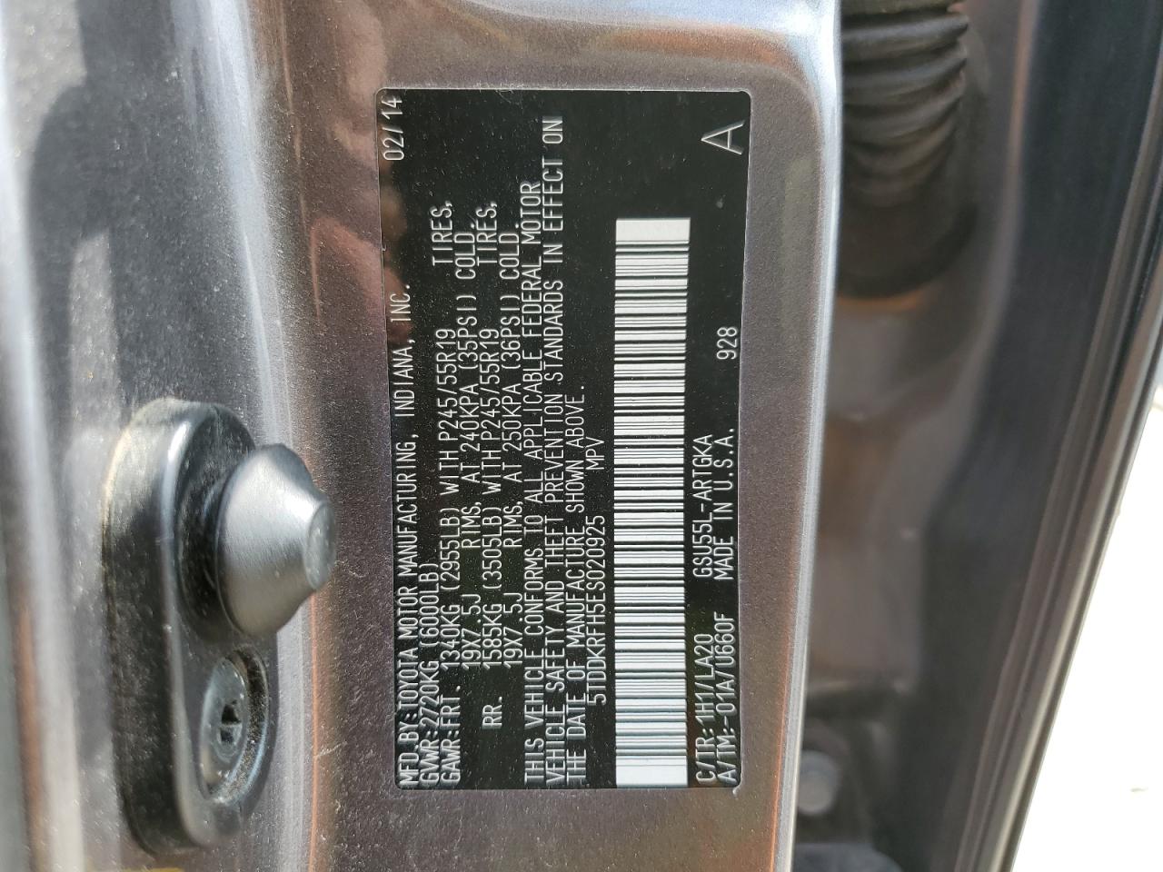 2014 Toyota Highlander Limited VIN: 5TDDKRFH5ES020925 Lot: 55036584