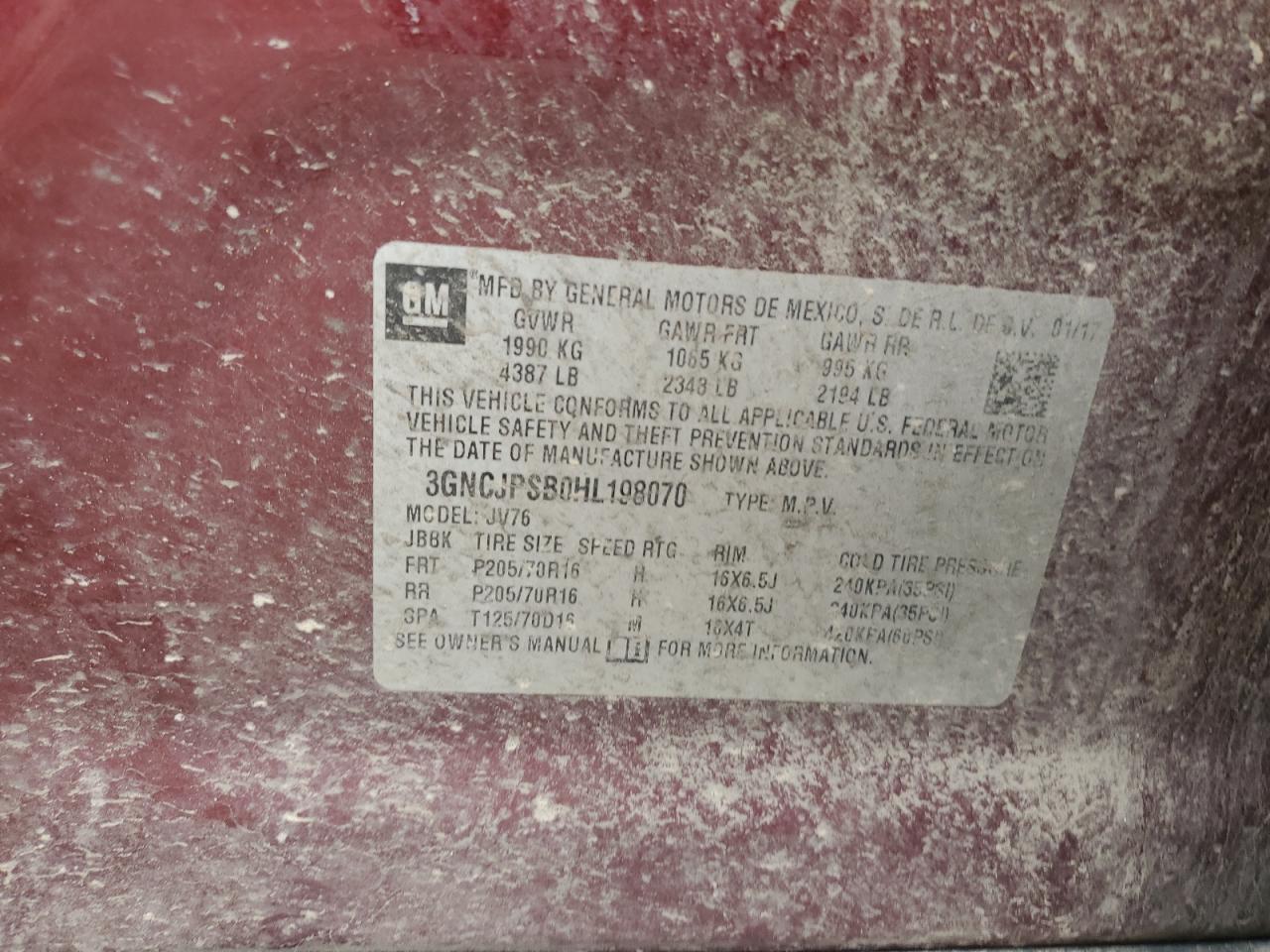 2017 Chevrolet Trax 1Lt VIN: 3GNCJPSB0HL198070 Lot: 56032524