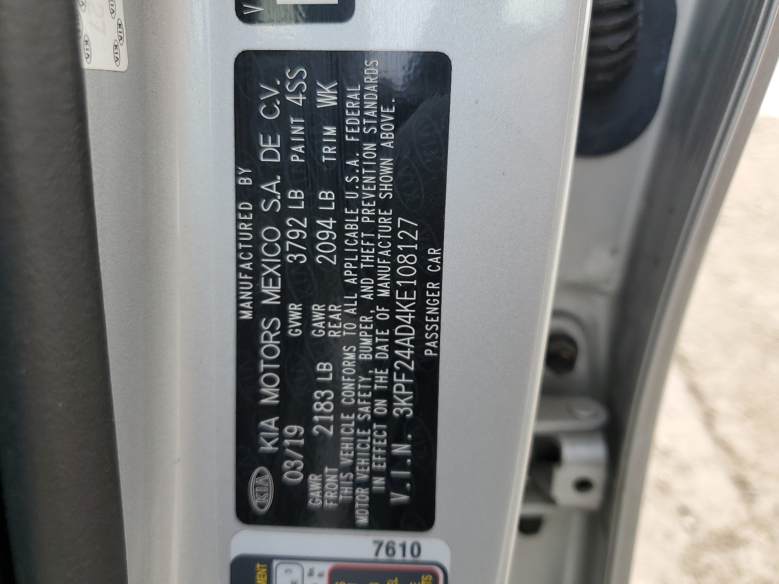 3KPF24AD4KE108127 2019 Kia Forte Fe