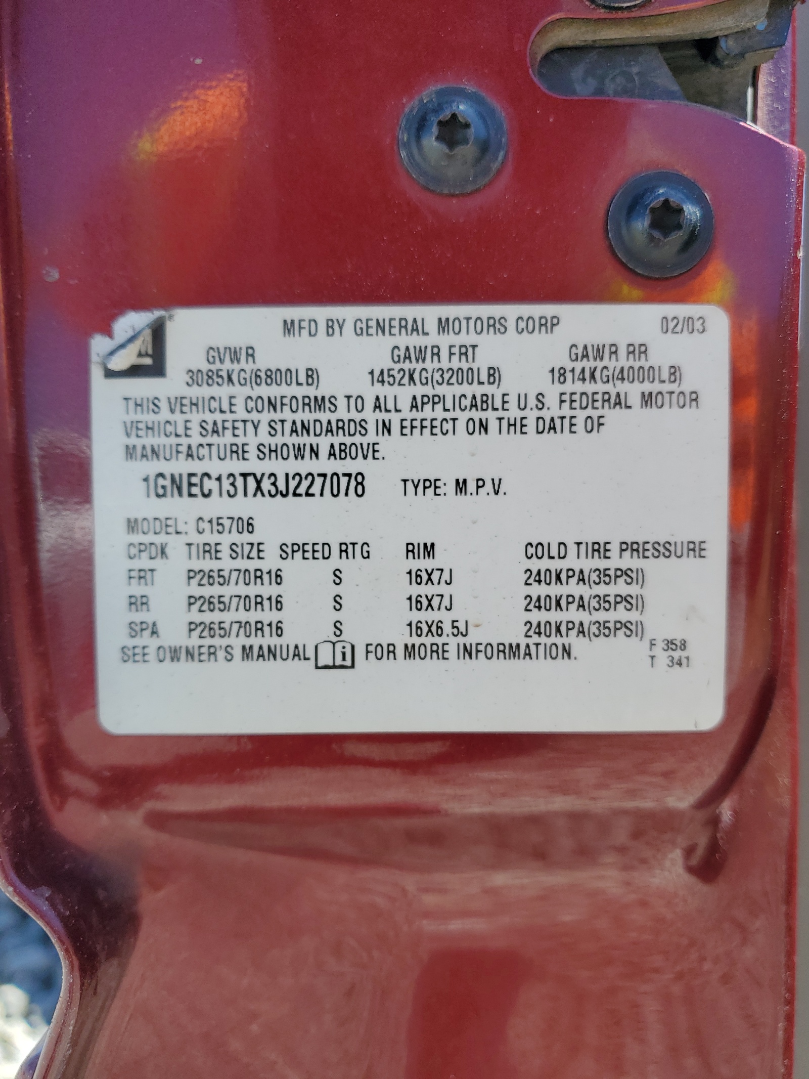 1GNEC13TX3J227078 2003 Chevrolet Tahoe C1500