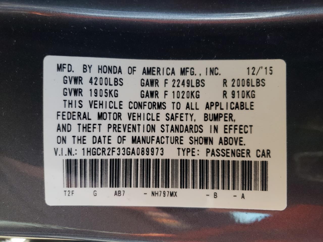 1HGCR2F33GA089973 2016 Honda Accord Lx