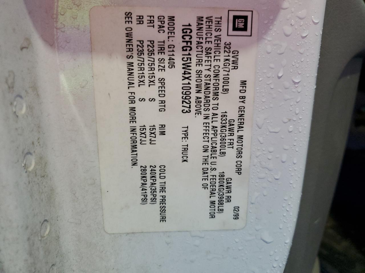 1999 Chevrolet Express G1500 VIN: 1GCFG15W4X1099273 Lot: 57133884