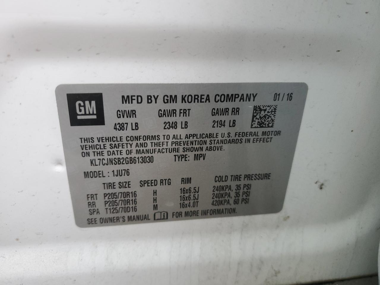 2016 Chevrolet Trax Ls VIN: KL7CJNSB2GB613030 Lot: 53981544