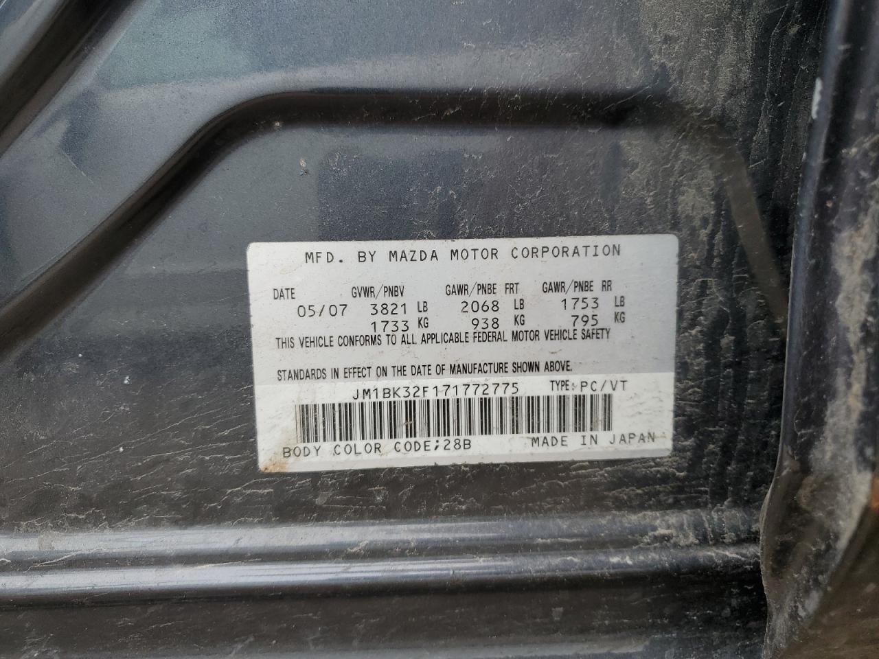 2007 Mazda 3 I VIN: JM1BK32F171772775 Lot: 55156304