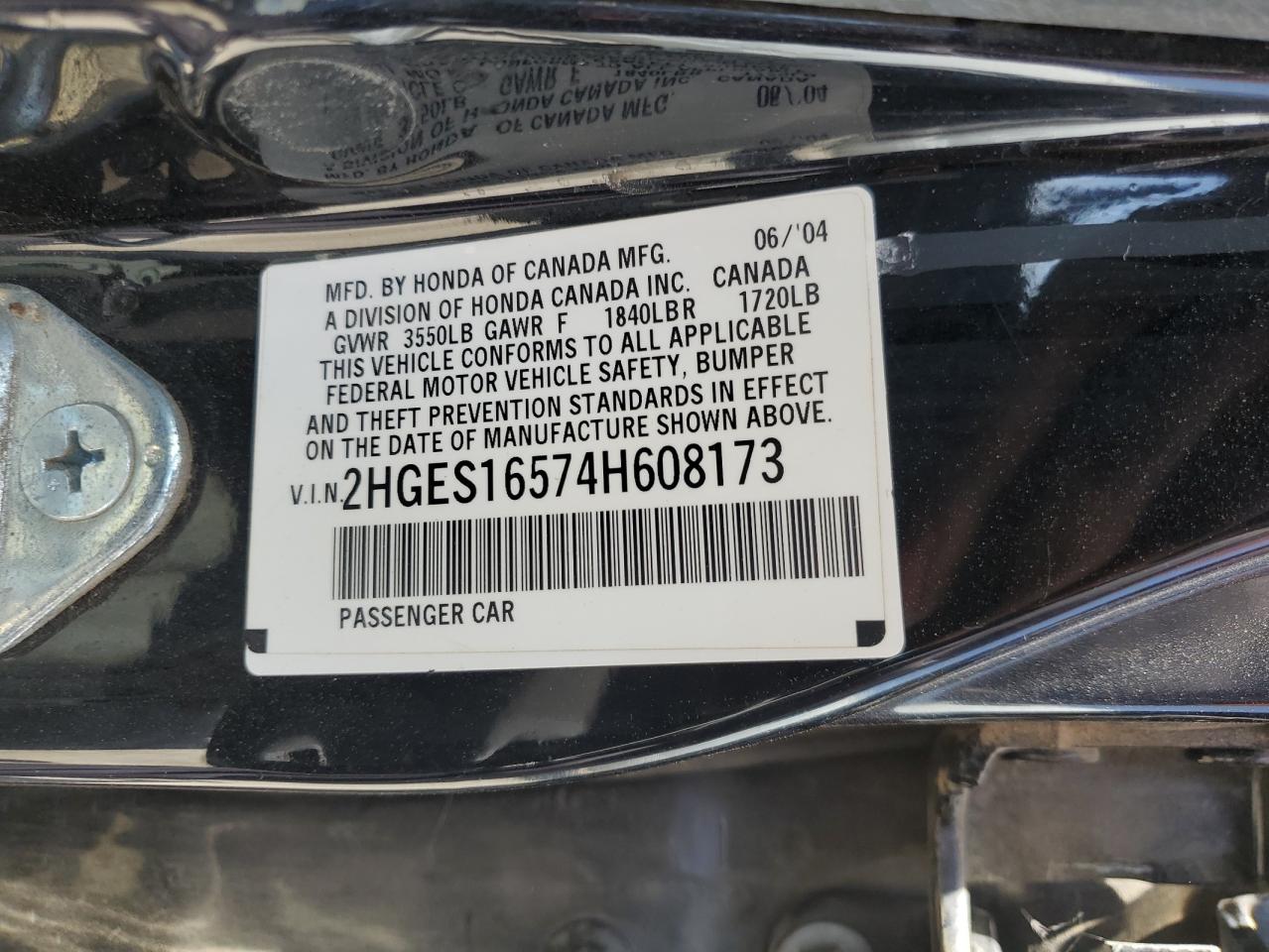 2004 Honda Civic Lx VIN: 2HGES16574H608173 Lot: 55560354